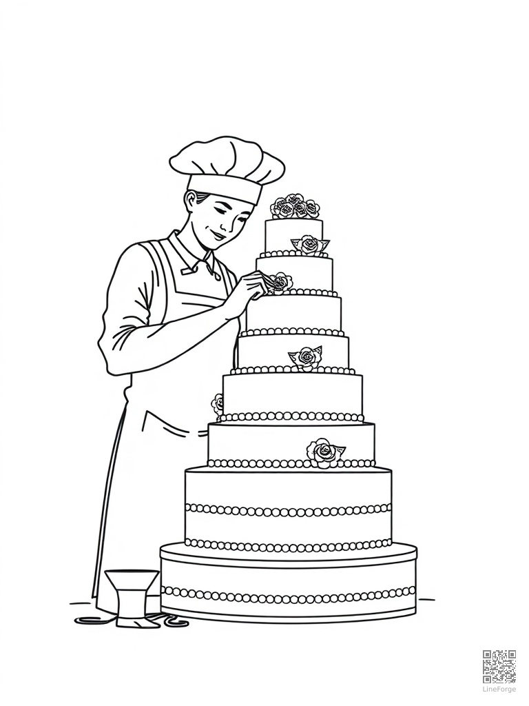 Baker decorating a multi-tier wedding cake coloring page Minimal style - free printable