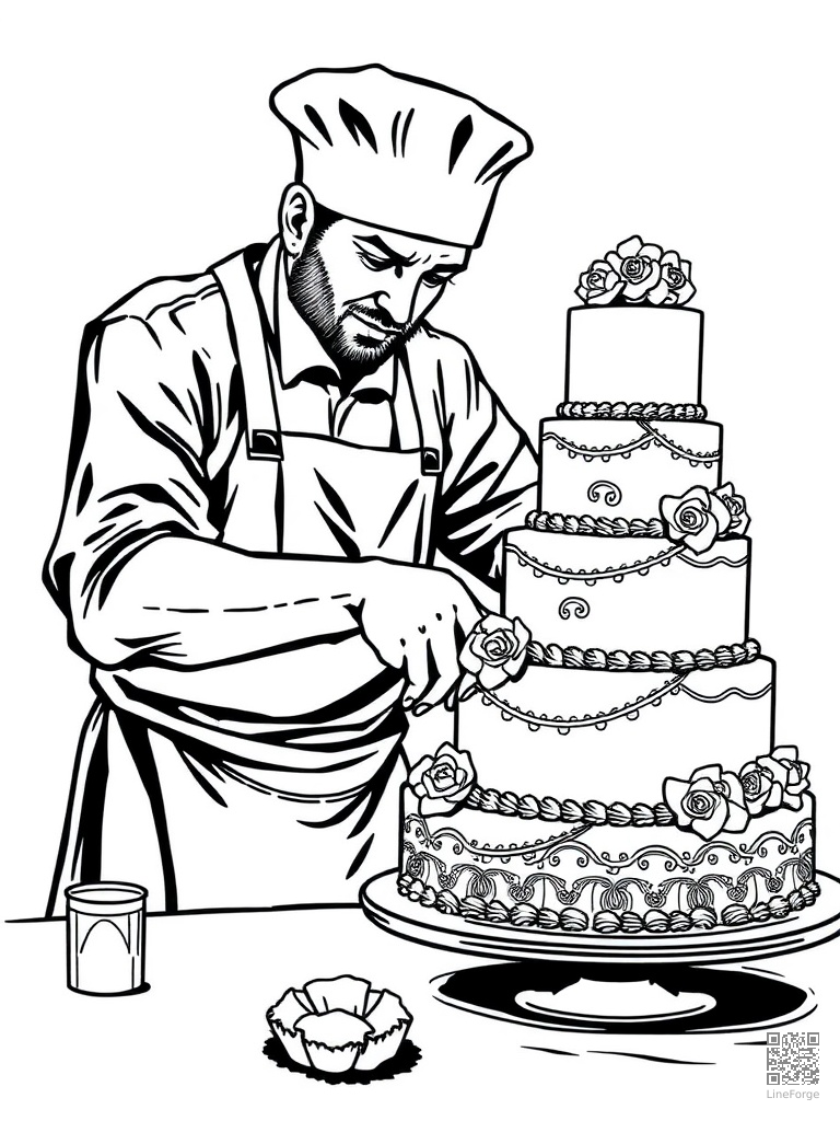 Baker decorating a multi-tier wedding cake coloring page Woodcut style - free printable