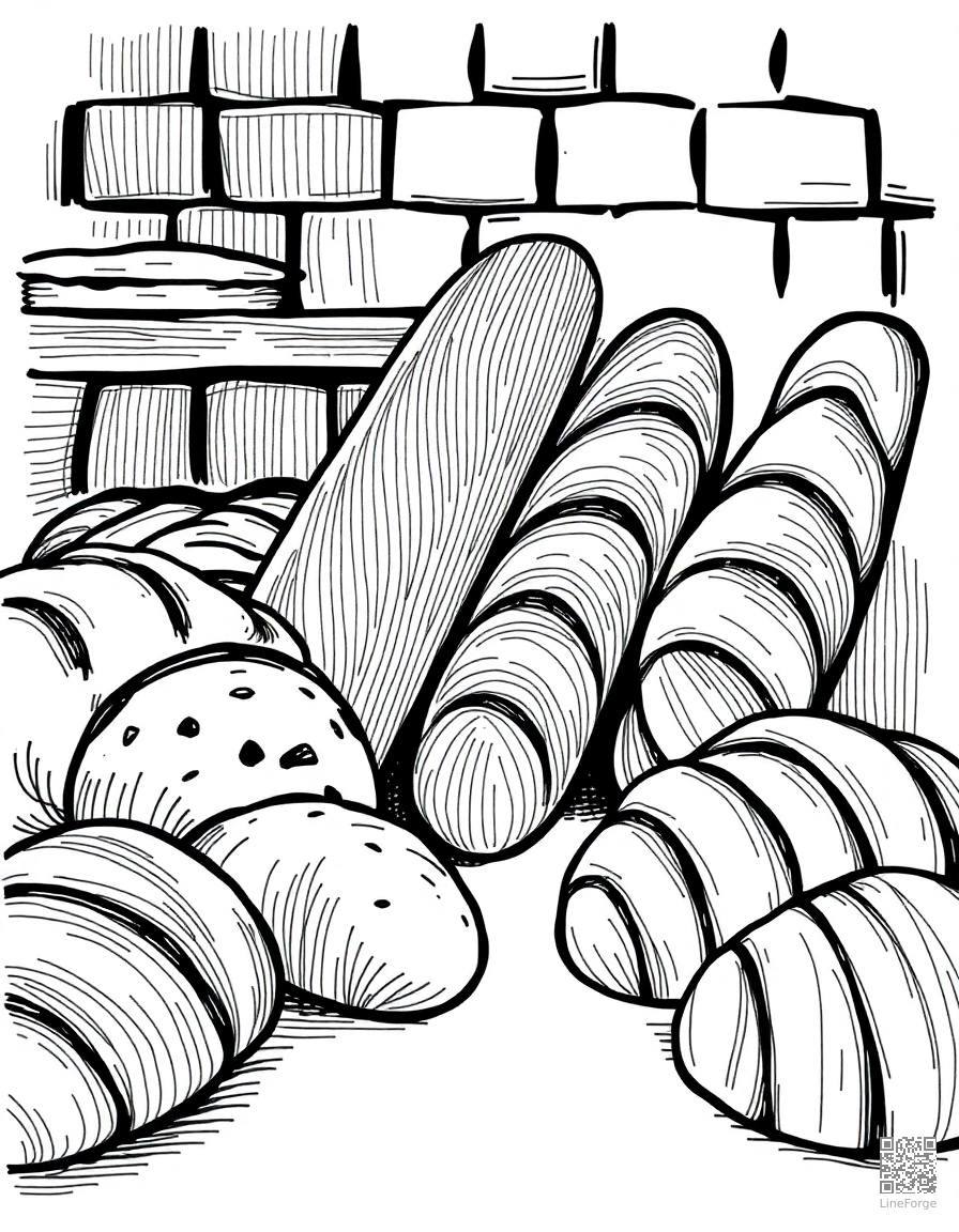 bakery with bread loaves and croissants coloring page Crosshatch style - free printable