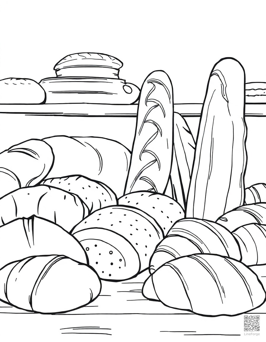 bakery with bread loaves and croissants coloring page Manga style - free printable