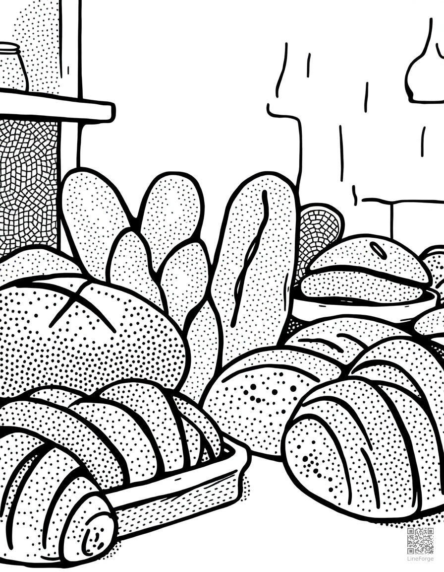 bakery with bread loaves and croissants coloring page Stipple style - free printable