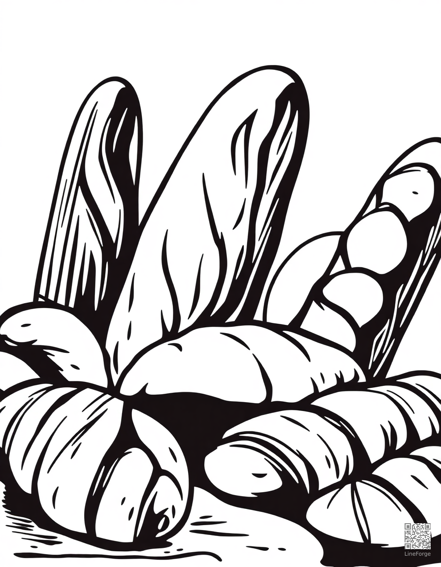 bakery with bread loaves and croissants coloring page Woodcut style - free printable