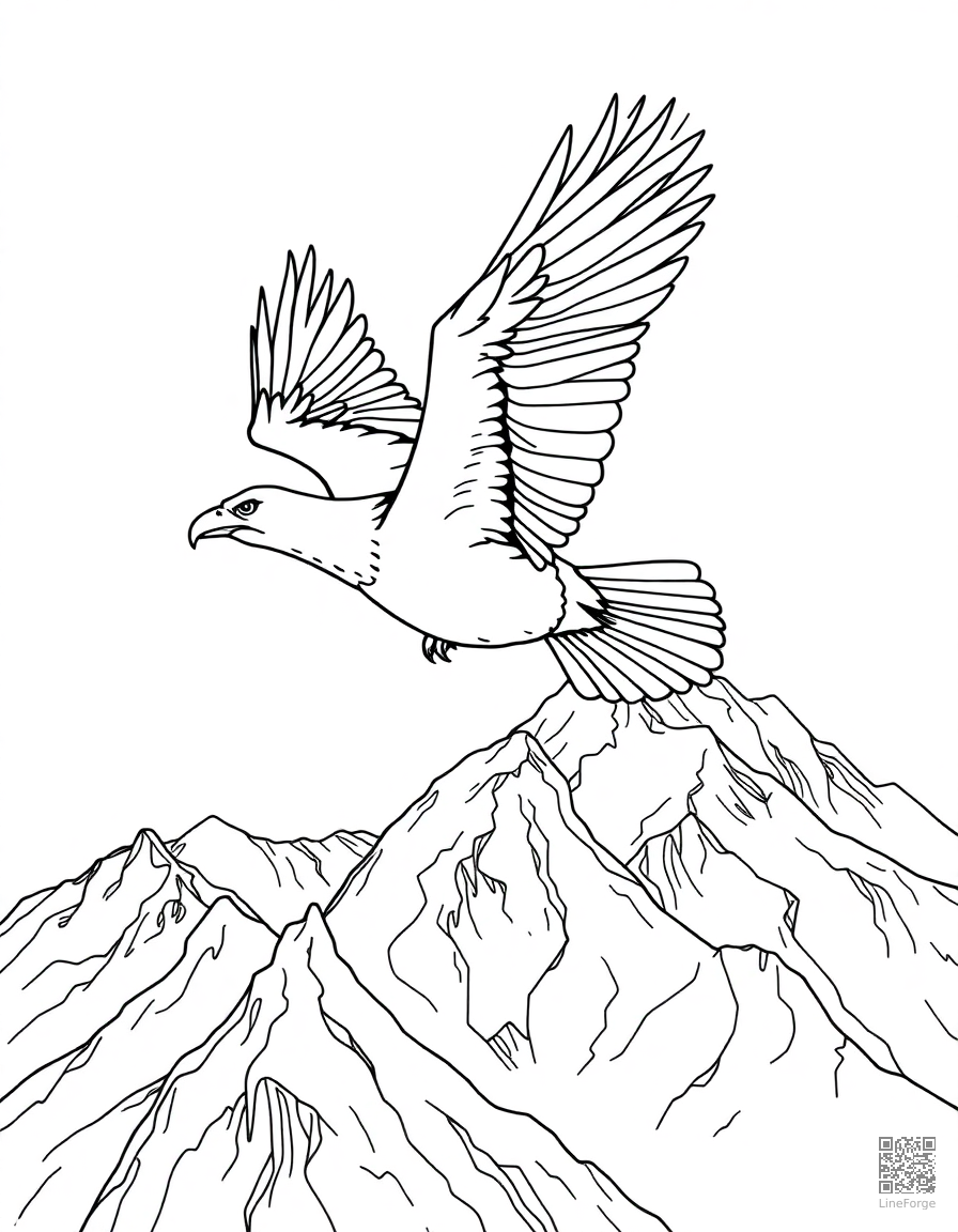 bald eagle soaring over mountain peaks coloring page Contour style - free printable