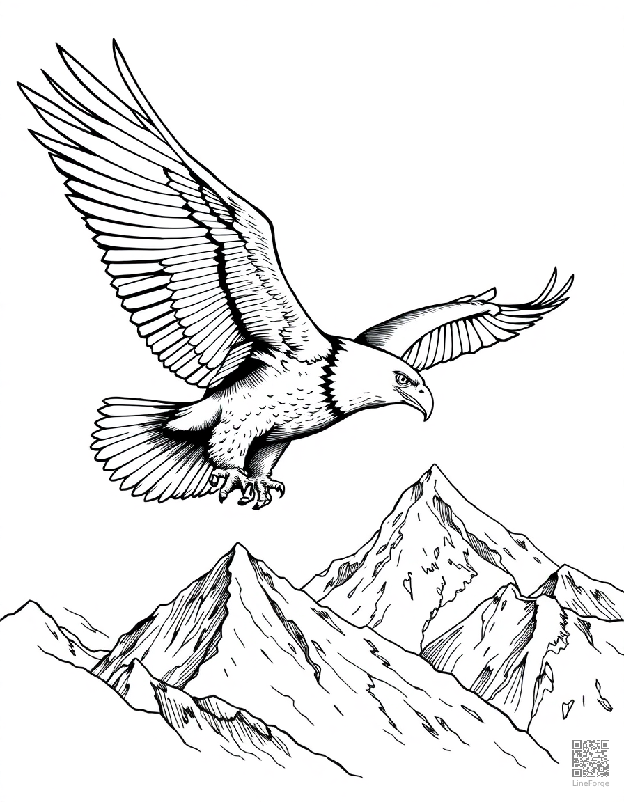 bald eagle soaring over mountain peaks coloring page Crosshatch style - free printable