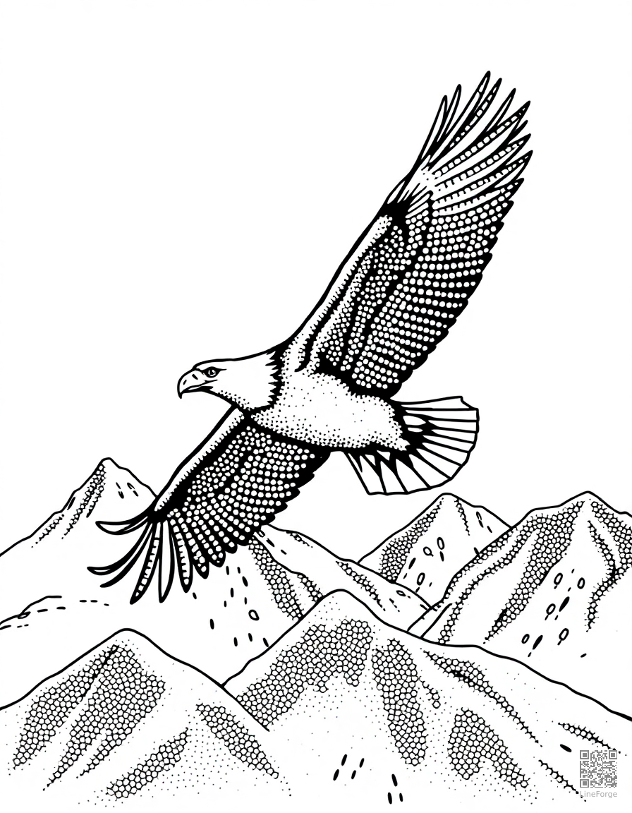 bald eagle soaring over mountain peaks coloring page Stipple style - free printable
