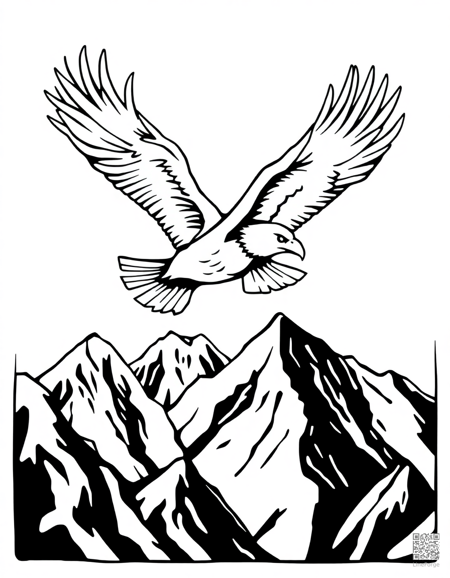 bald eagle soaring over mountain peaks coloring page Woodcut style - free printable