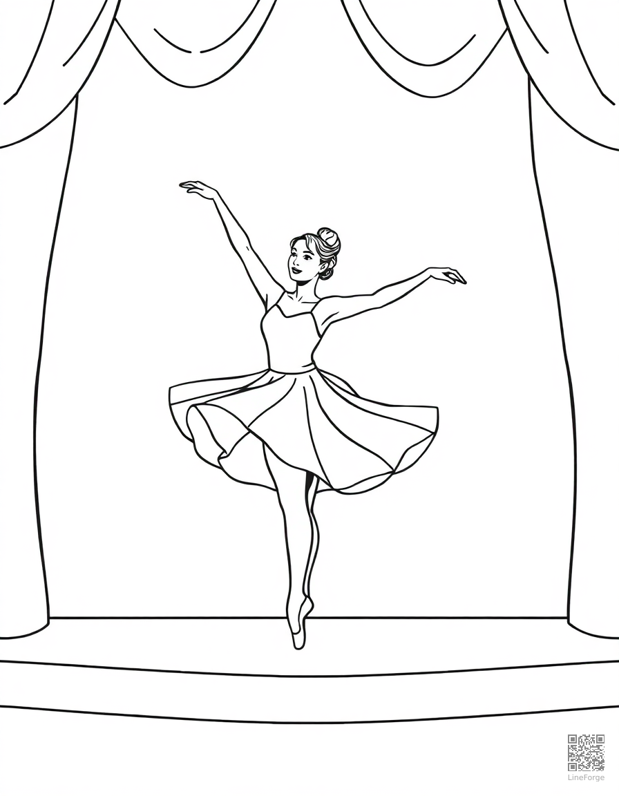 Free printable ballerina dancing on stage coloring page in contour style — Clean continuous outlines — classic coloring page look. Download and print at home for kids, adults, classrooms, or crafts. High resolution black and white line art by LineForge.