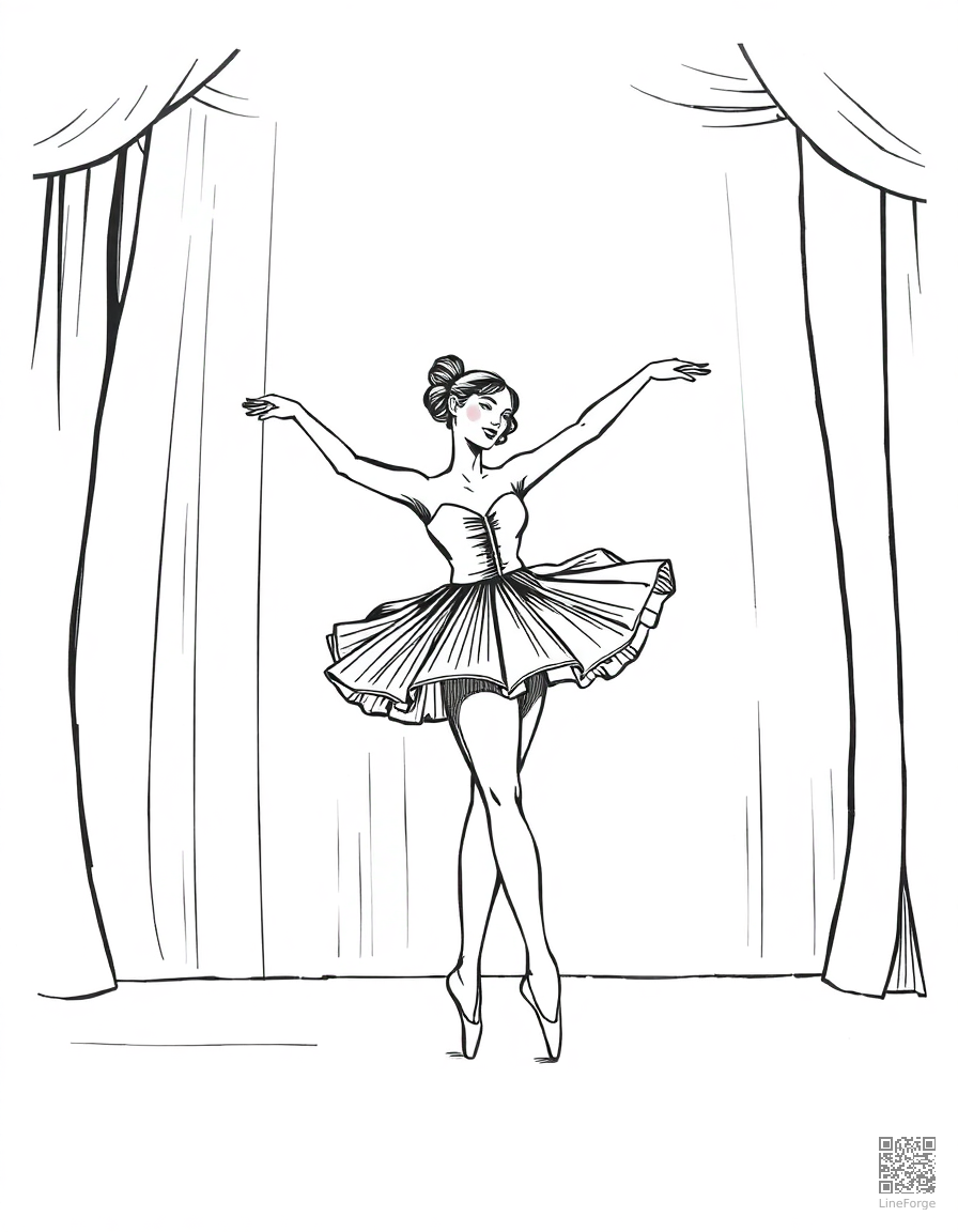 Free ballerina dancing on stage coloring page in crosshatch style — printable line art