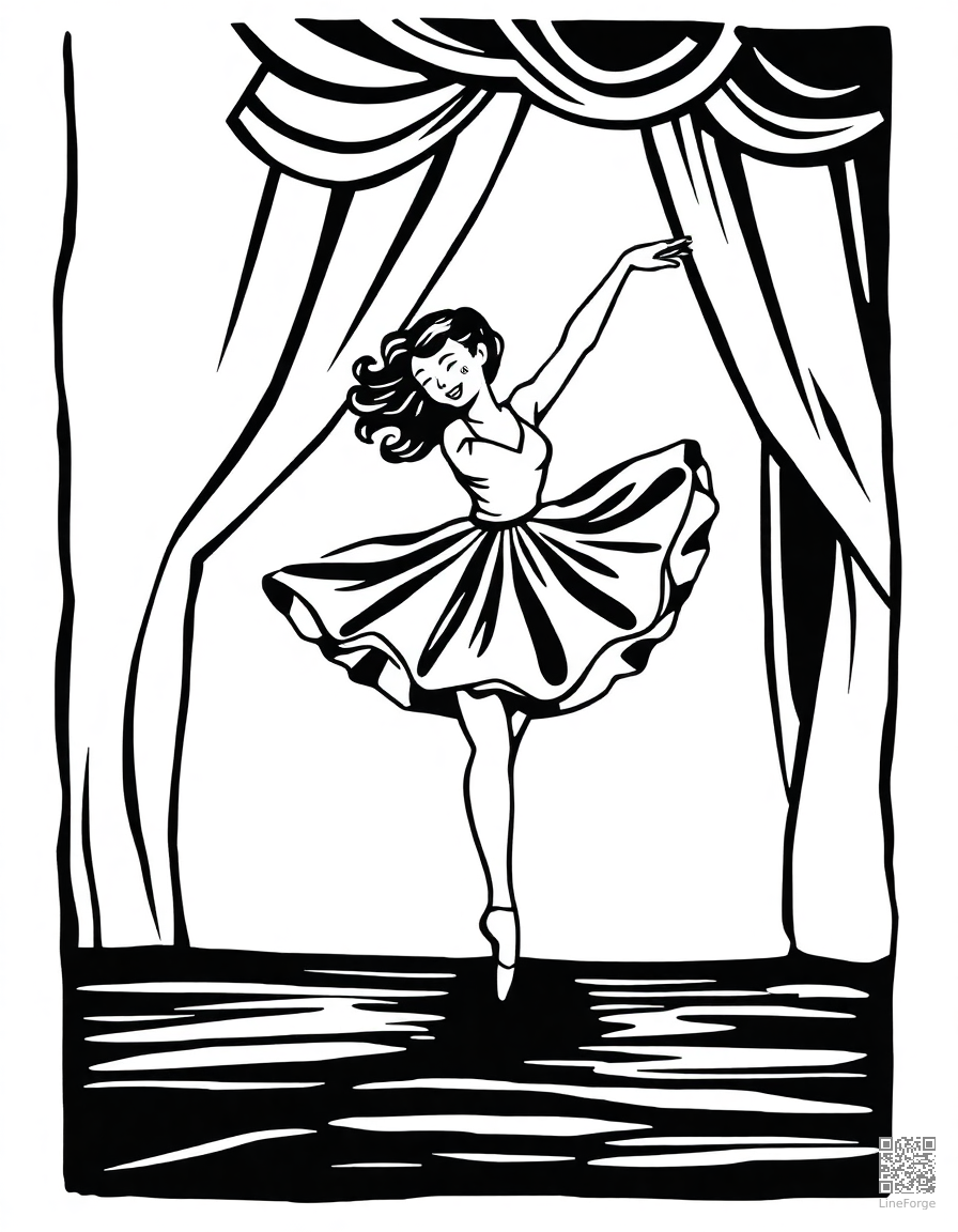 Free ballerina dancing on stage coloring page in woodcut style — printable line art