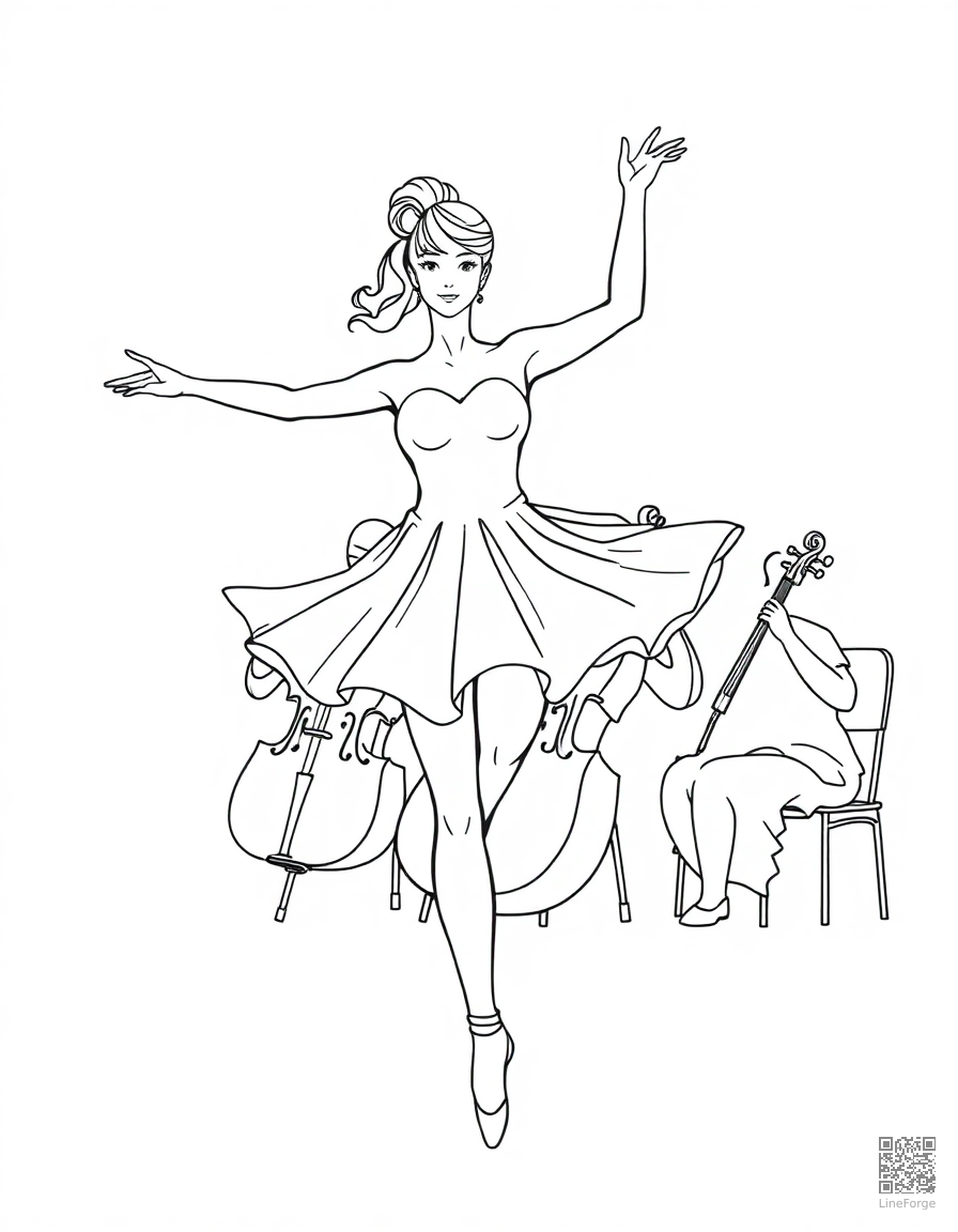 Free ballerina dancing to orchestra music coloring page in contour style — printable line art