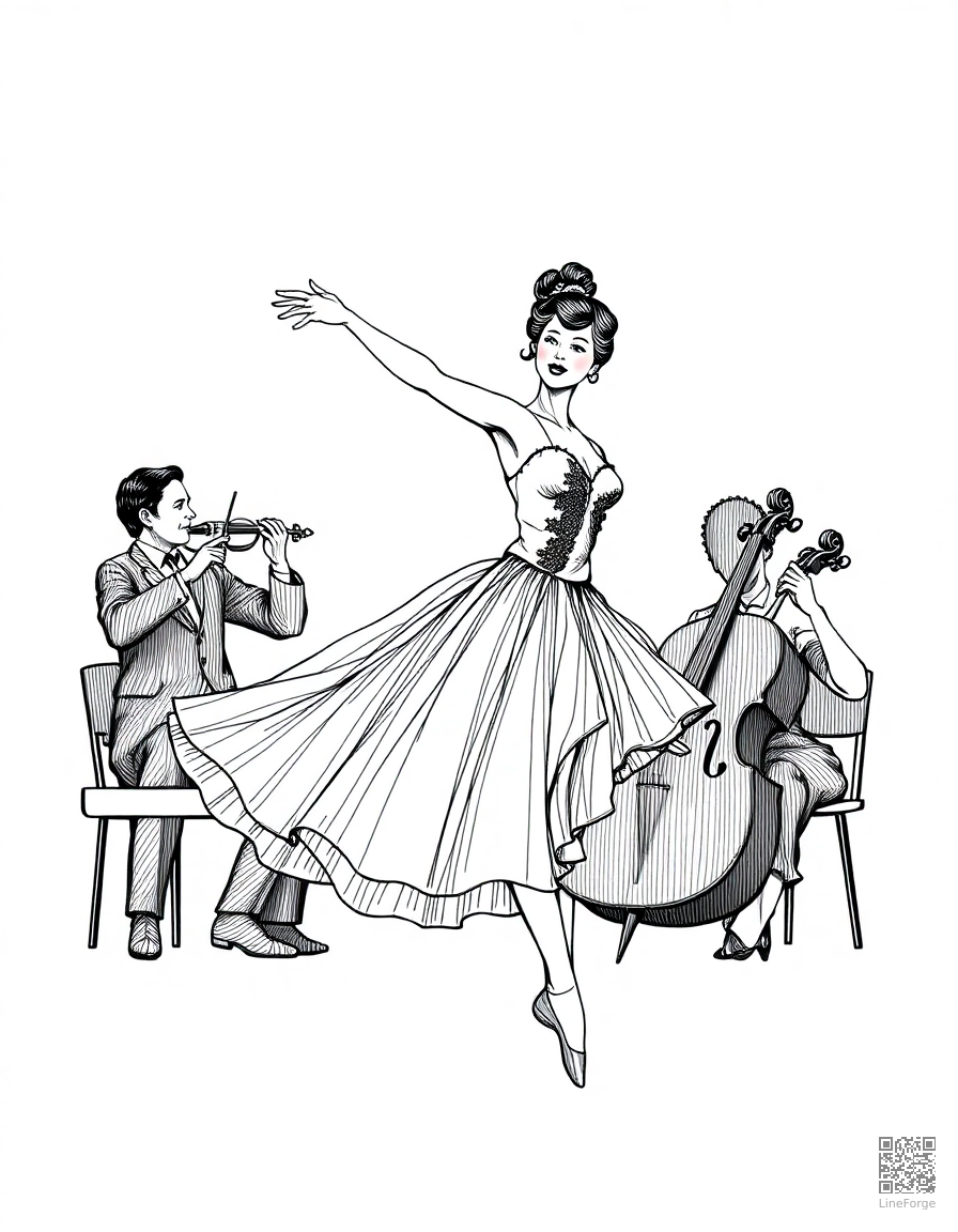 Free ballerina dancing to orchestra music coloring page in crosshatch style — printable line art