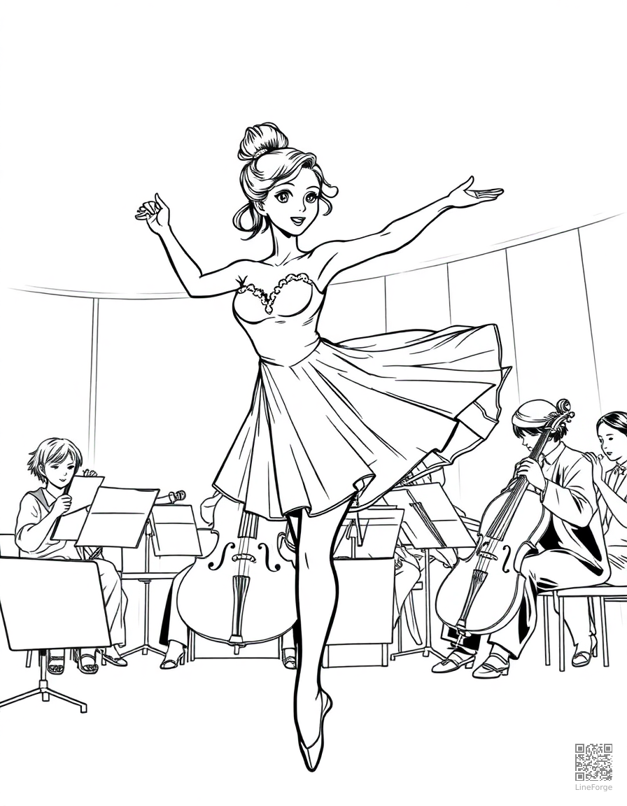 ballerina dancing to orchestra music coloring page Manga style - free printable