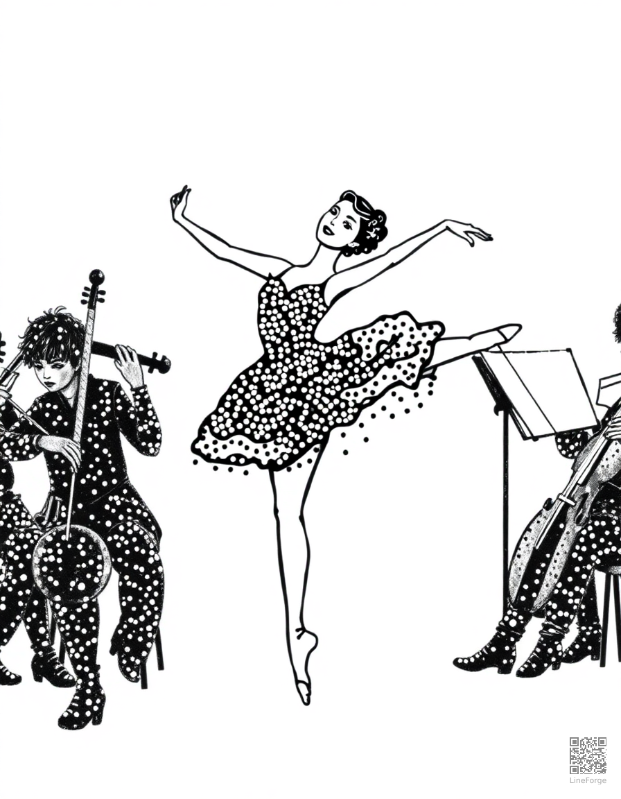 ballerina dancing to orchestra music coloring page Stipple style - free printable