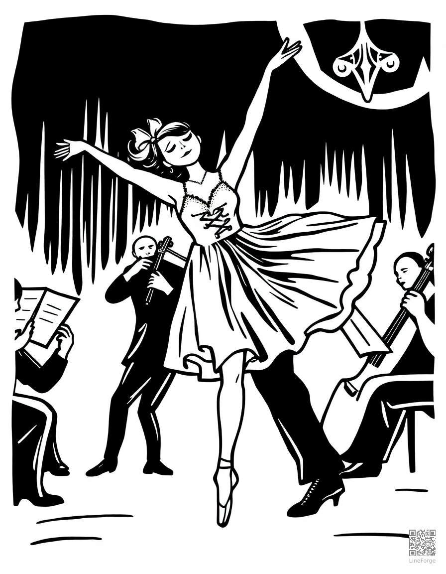 ballerina dancing to orchestra music coloring page Woodcut style - free printable