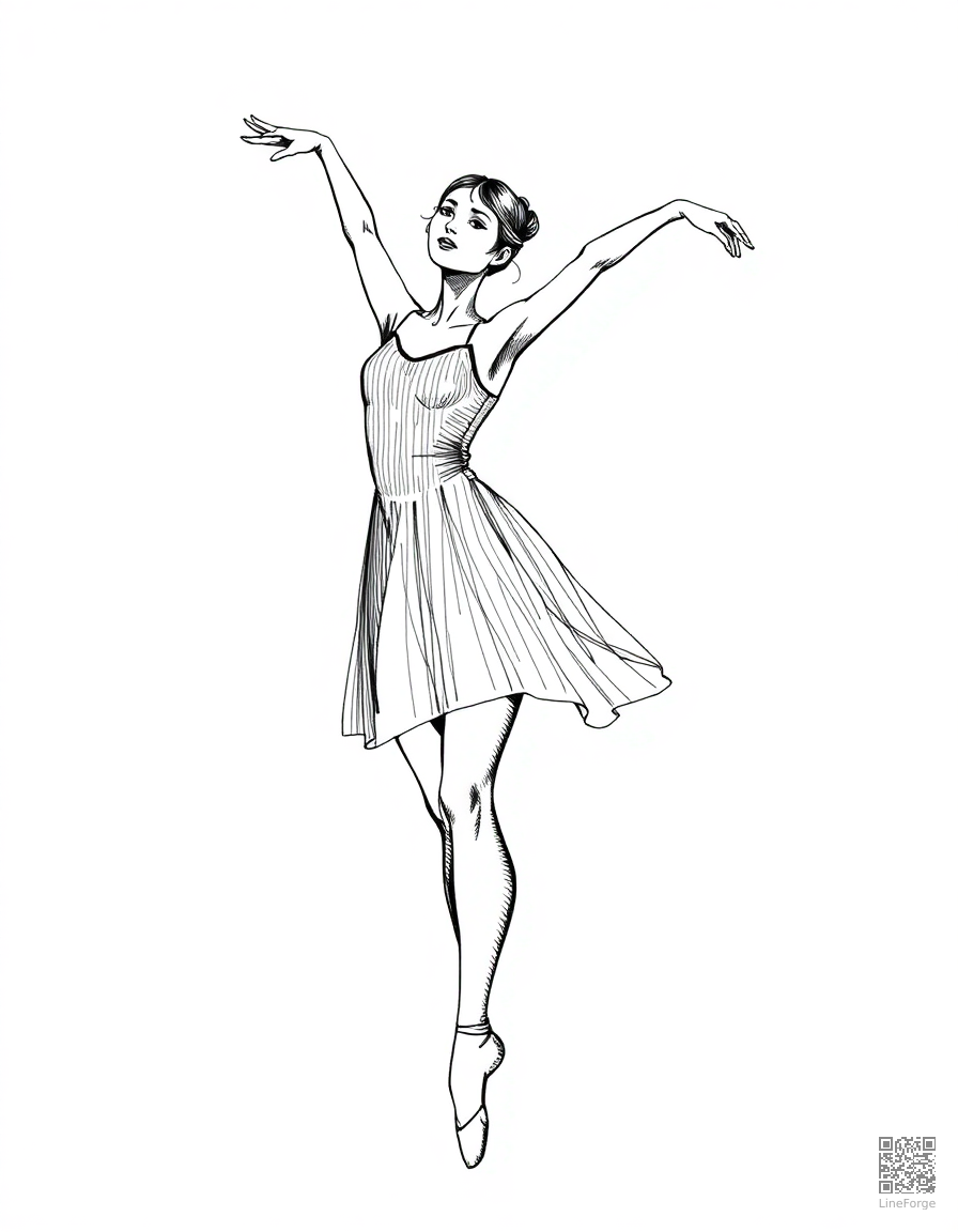 ballet dancer in a graceful pose coloring page Crosshatch style - free printable