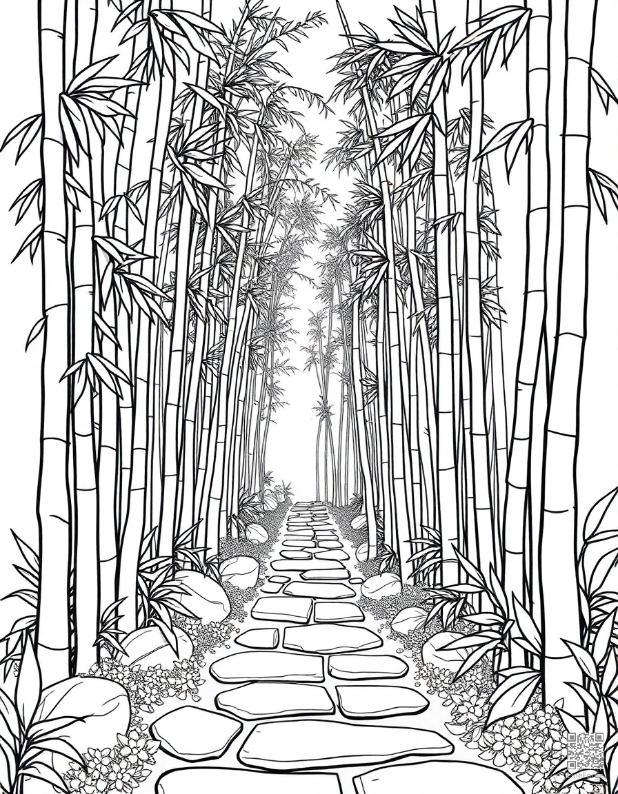 bamboo forest with a stone pathway coloring page Contour style - free printable