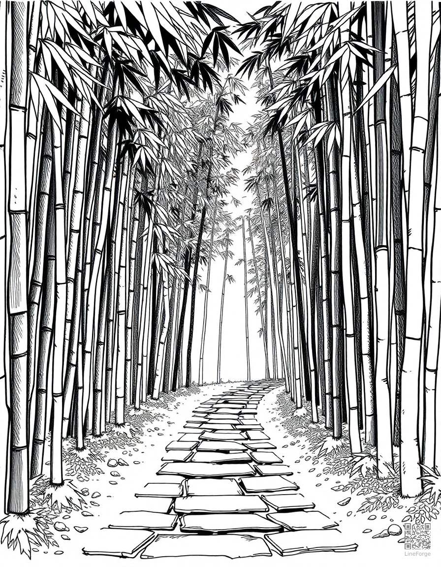 bamboo forest with a stone pathway coloring page Crosshatch style - free printable