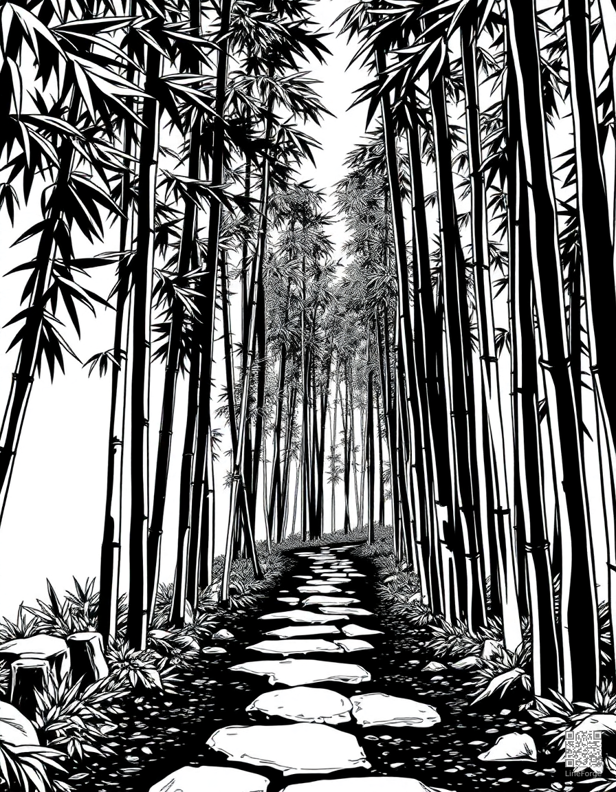 bamboo forest with a stone pathway coloring page Manga style - free printable