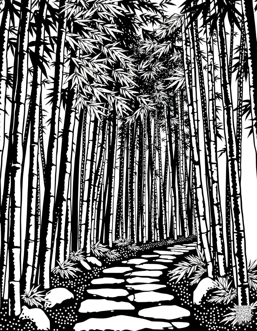 bamboo forest with a stone pathway coloring page Stipple style - free printable
