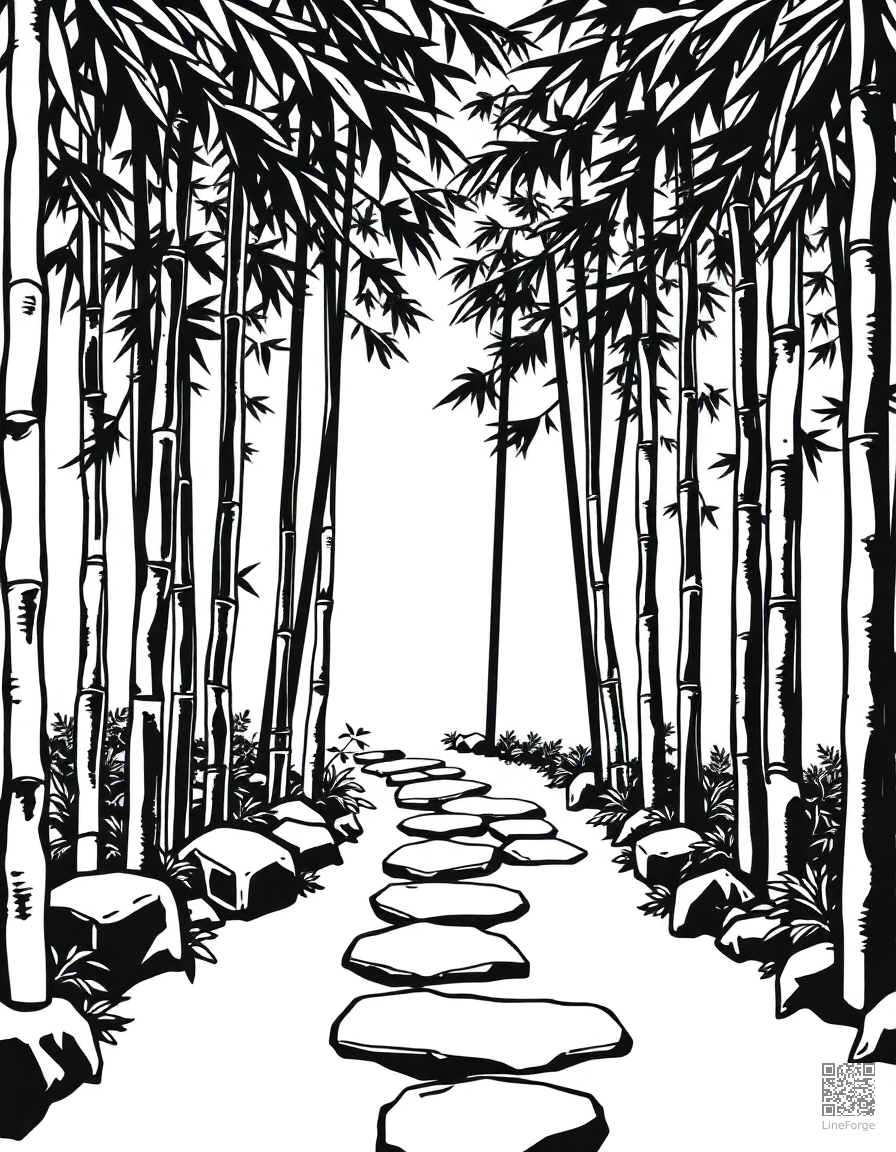 bamboo forest with a stone pathway coloring page Woodcut style - free printable