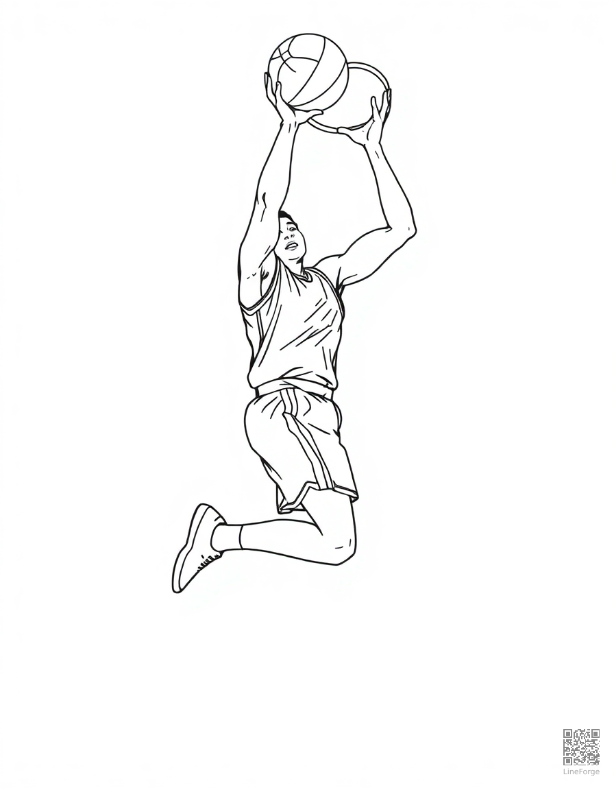 basketball player doing a slam dunk coloring page Contour style - free printable