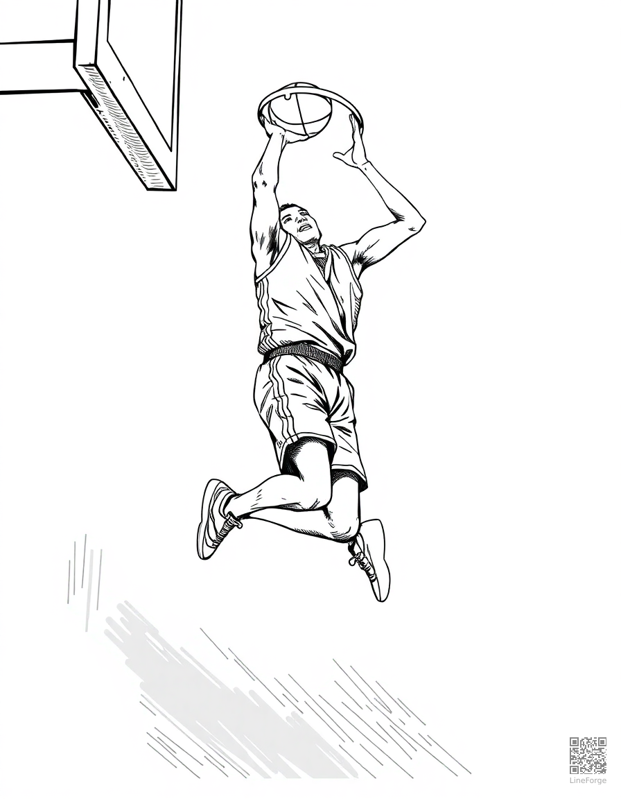 basketball player doing a slam dunk coloring page Crosshatch style - free printable