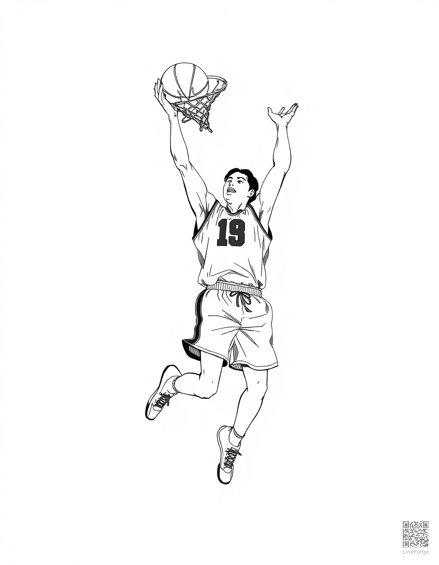 basketball player doing a slam dunk coloring page Manga style - free printable