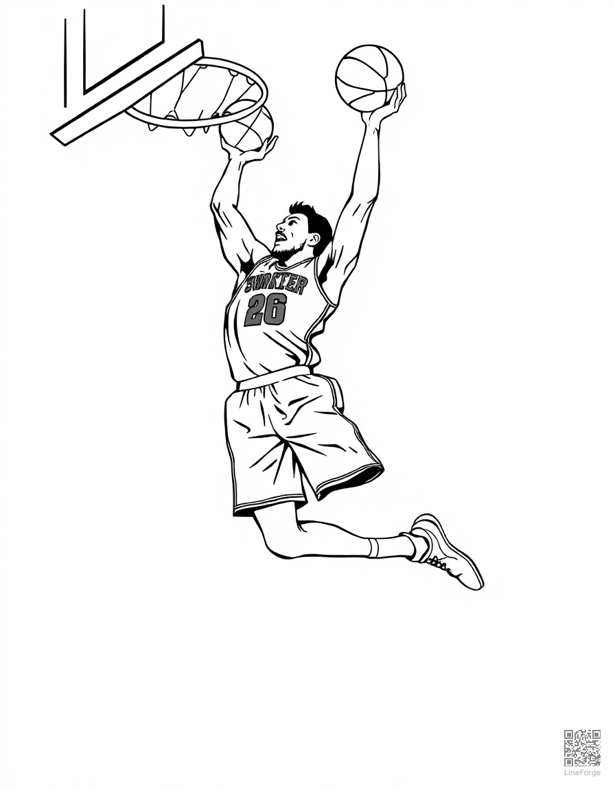 basketball player doing a slam dunk coloring page Woodcut style - free printable