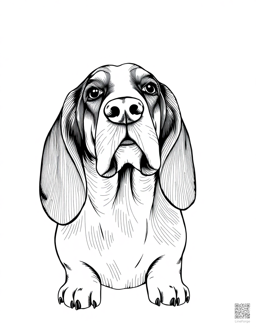 basset hound with very long ears coloring page Crosshatch style - free printable
