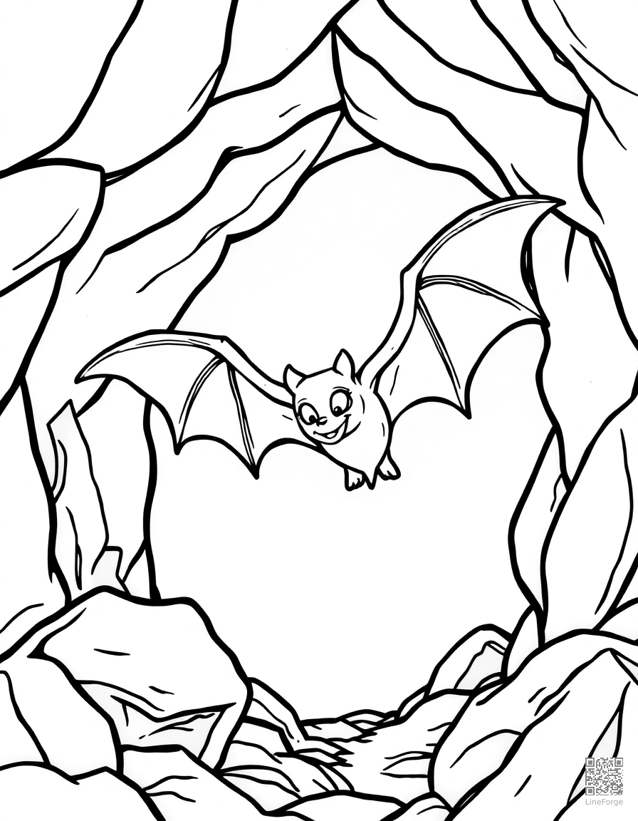 bat flying out of a cave at twilight coloring page Contour style - free printable