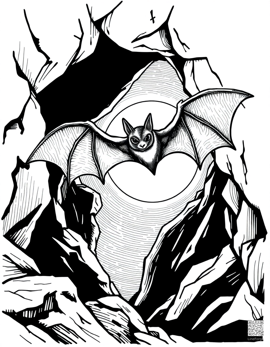 bat flying out of a cave at twilight coloring page Crosshatch style - free printable