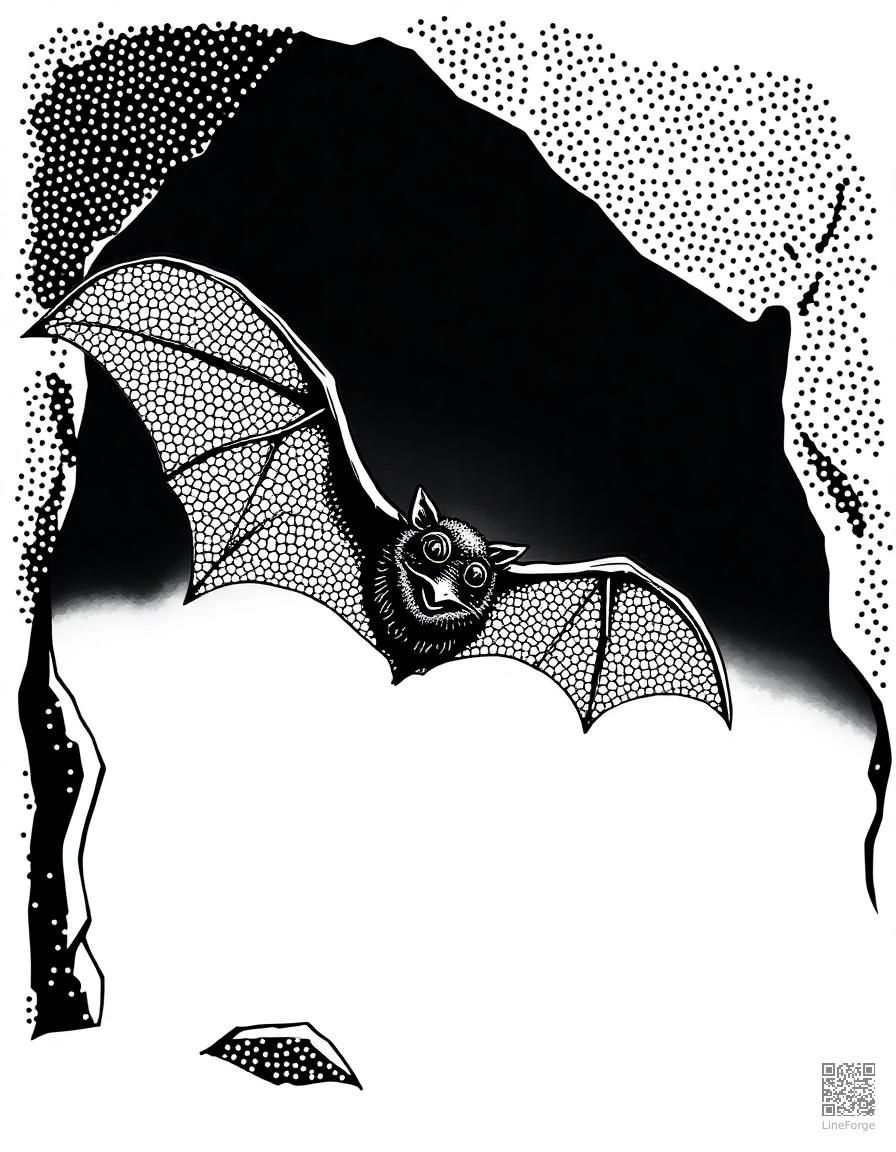 bat flying out of a cave at twilight coloring page Stipple style - free printable