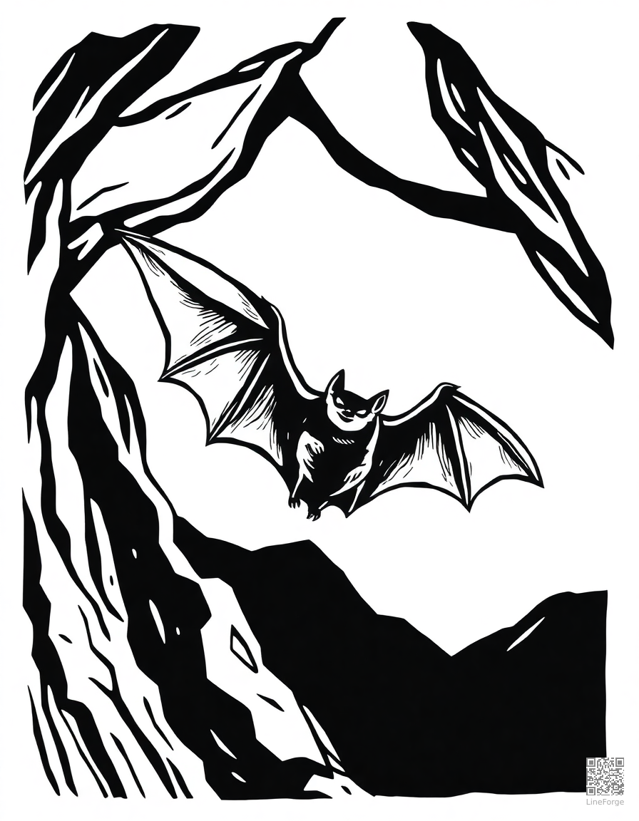 bat flying out of a cave at twilight coloring page Woodcut style - free printable