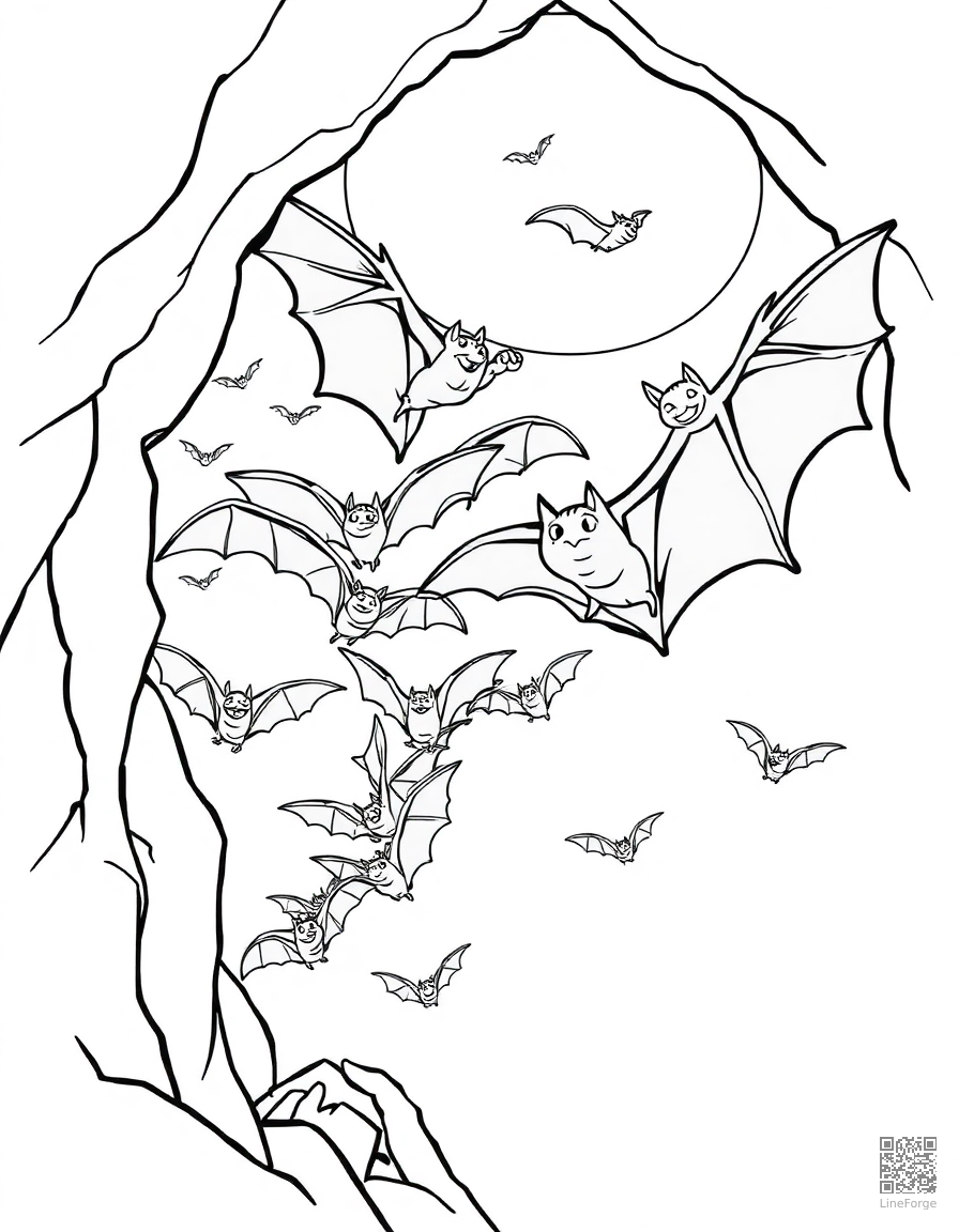 bat swarm flying from a cave coloring page Contour style - free printable