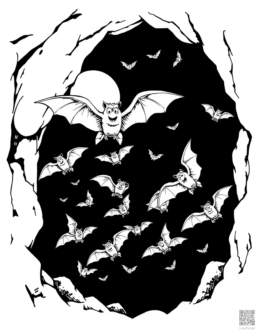 bat swarm flying from a cave coloring page Crosshatch style - free printable