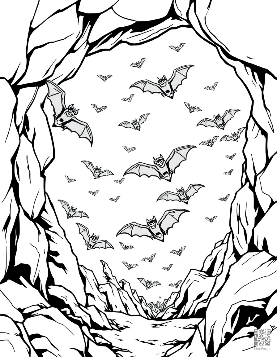 bat swarm flying from a cave coloring page Manga style - free printable