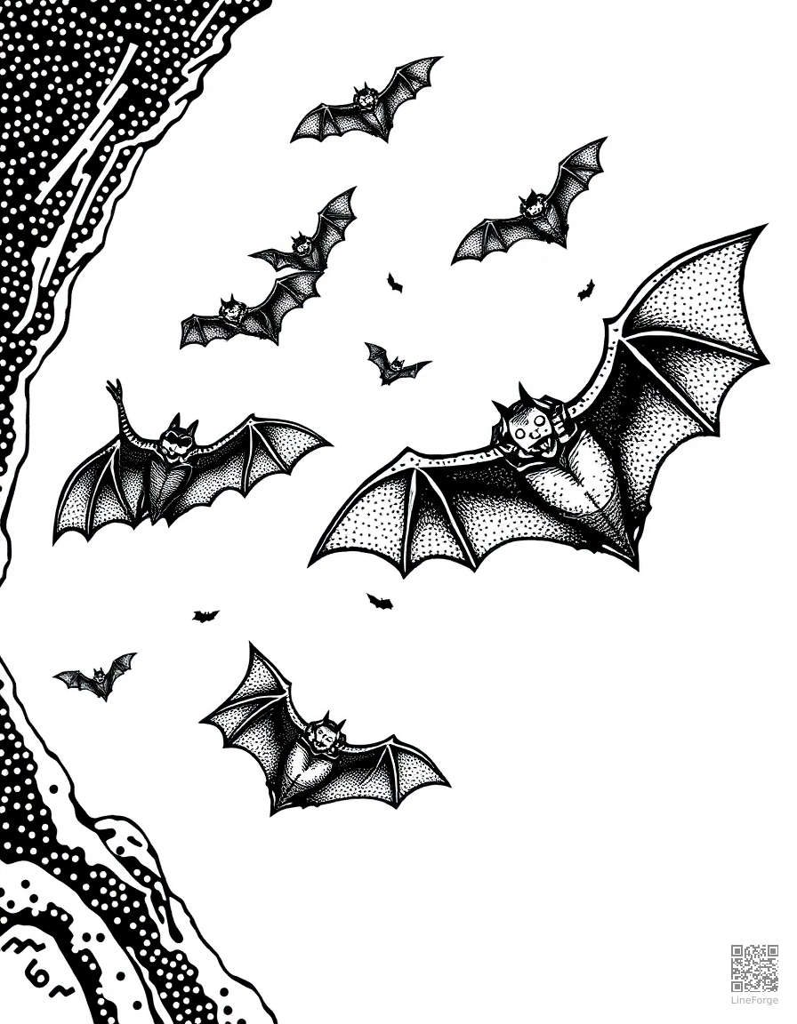 bat swarm flying from a cave coloring page Stipple style - free printable