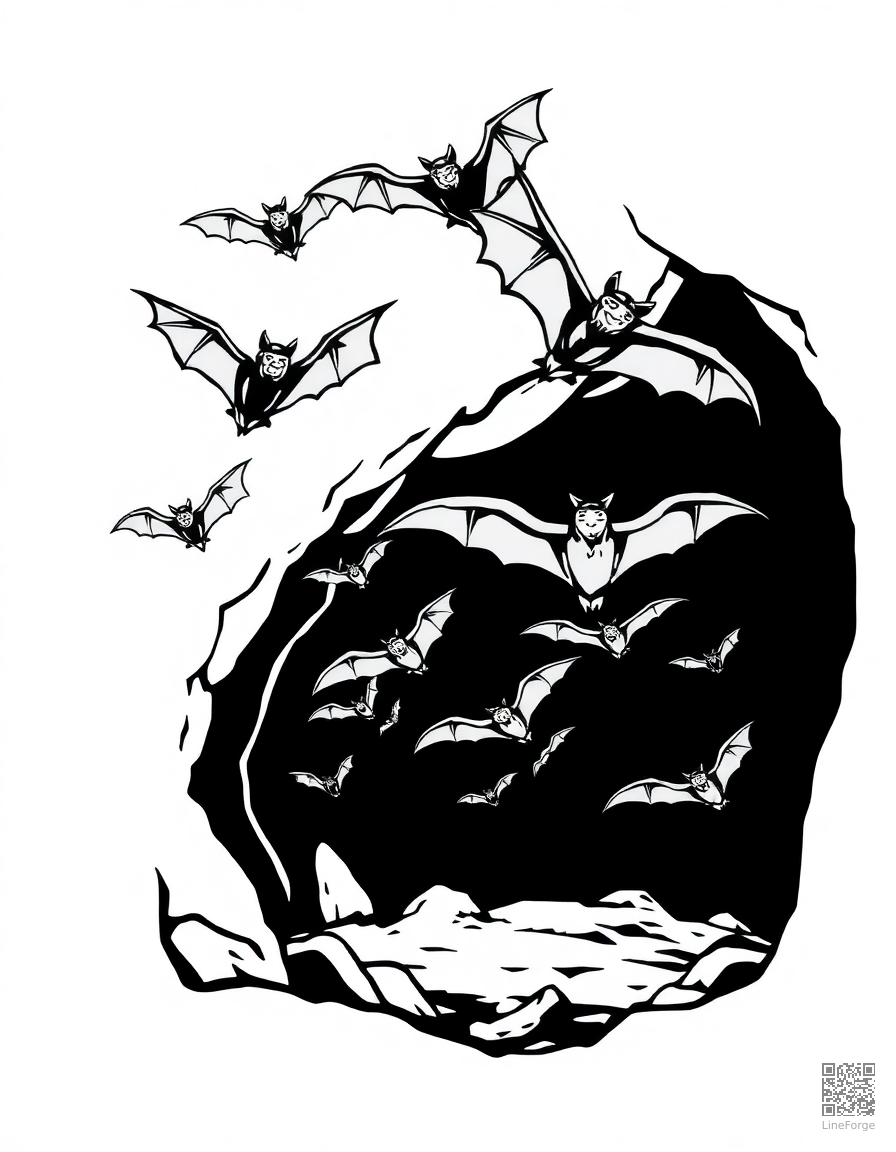 bat swarm flying from a cave coloring page Woodcut style - free printable