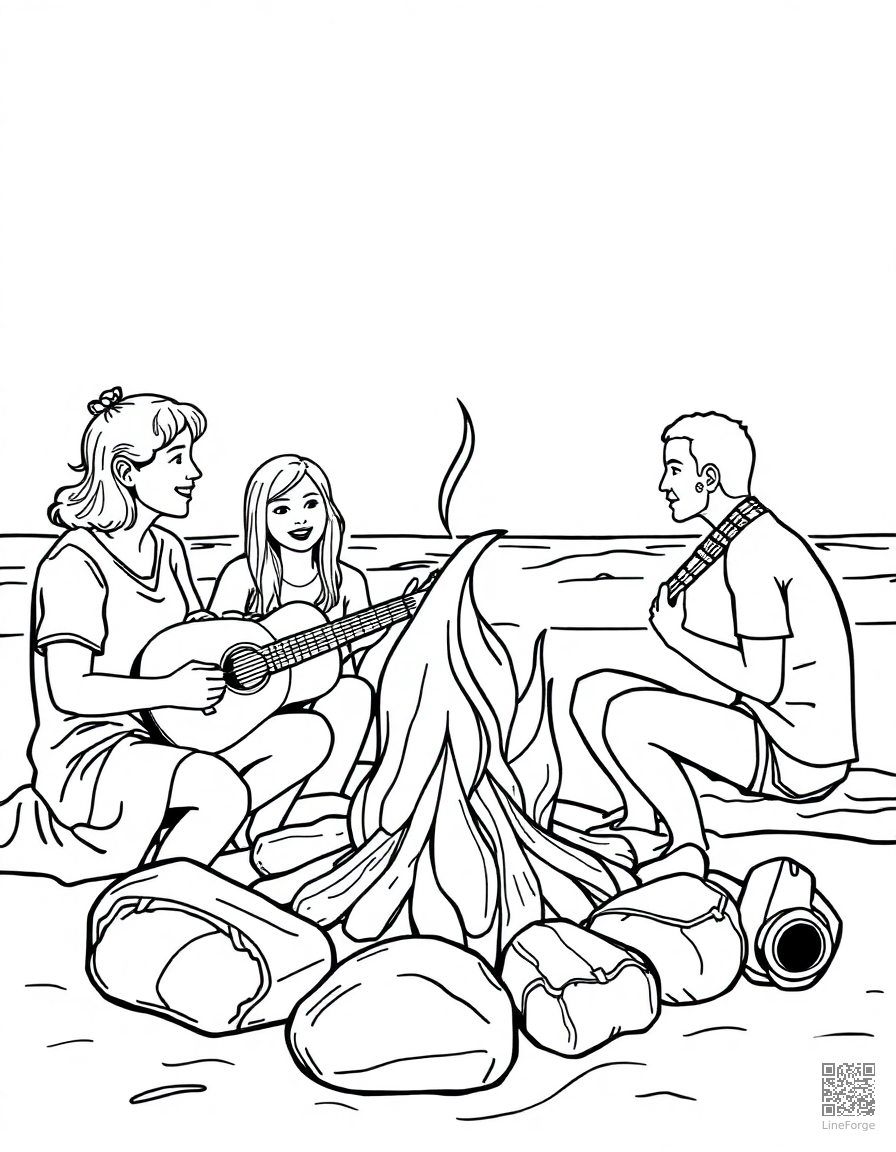 beach bonfire with friends and guitar coloring page Contour style - free printable