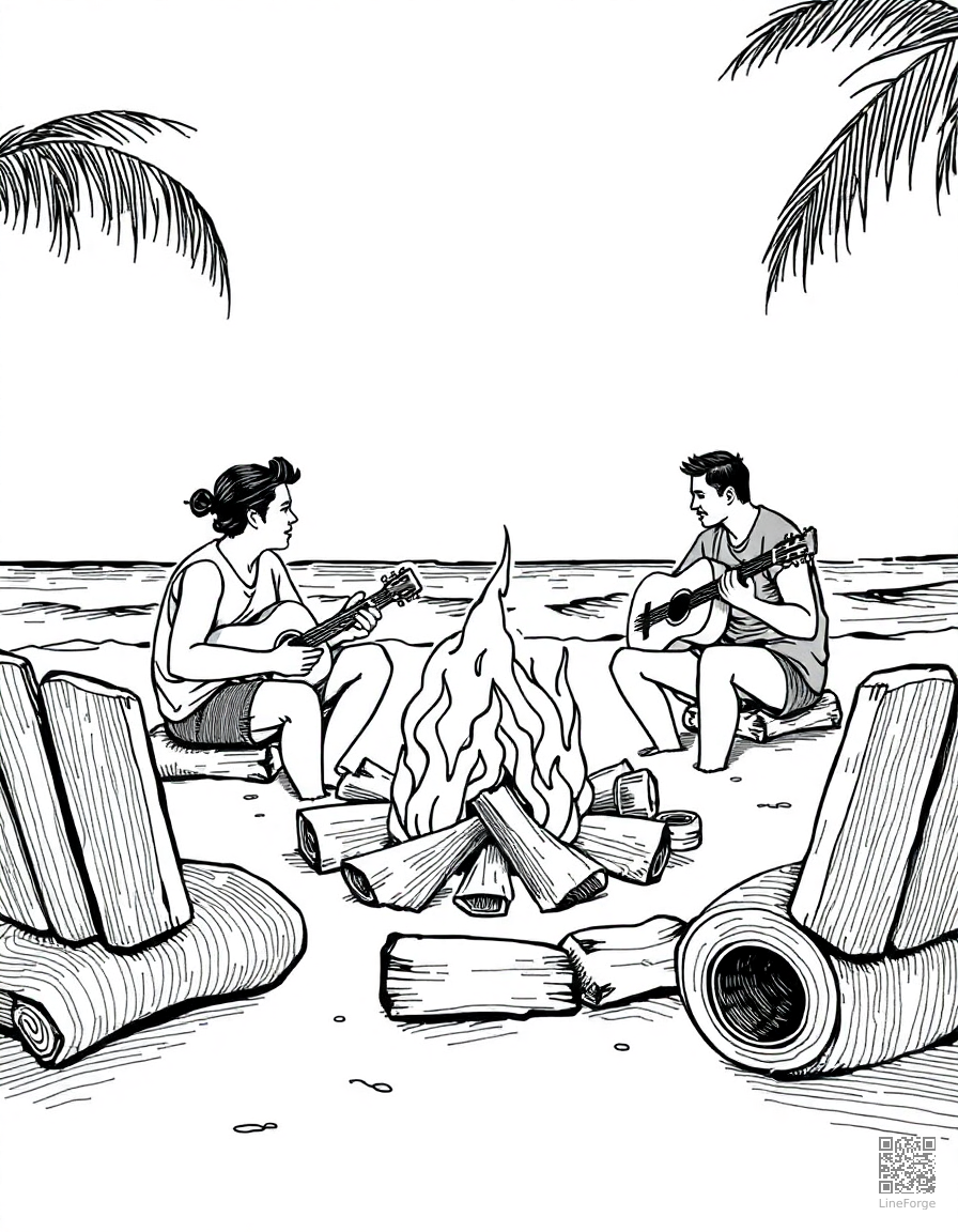 beach bonfire with friends and guitar coloring page Crosshatch style - free printable