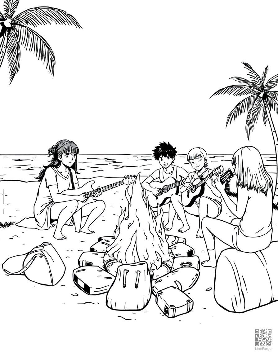 beach bonfire with friends and guitar coloring page Manga style - free printable