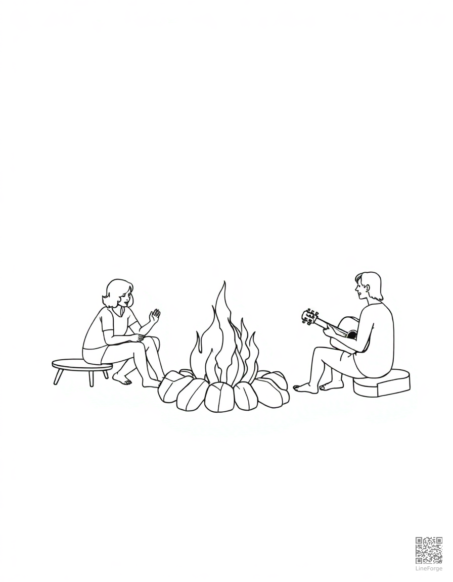 beach bonfire with friends and guitar coloring page Minimal style - free printable