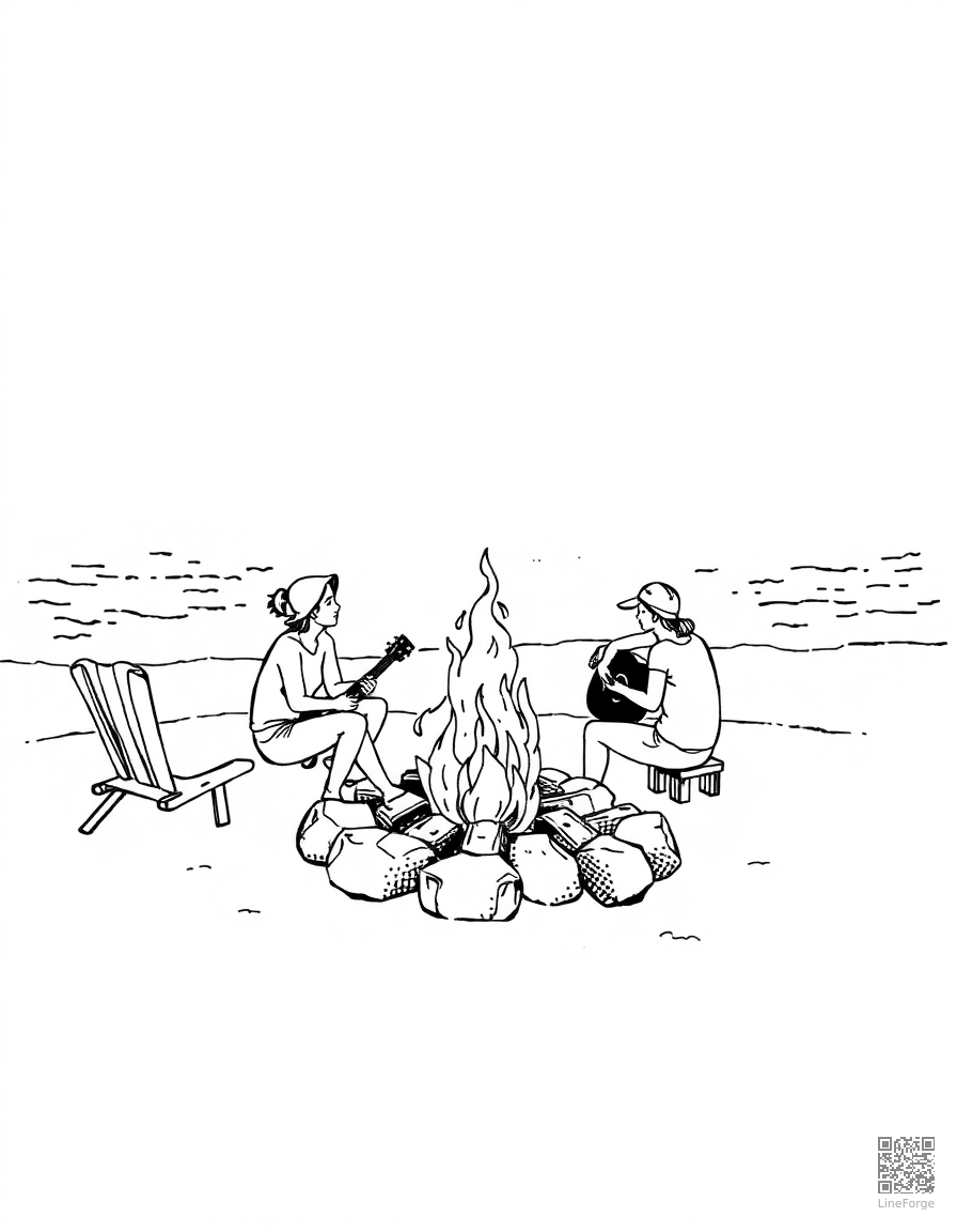 beach bonfire with friends and guitar coloring page Stipple style - free printable