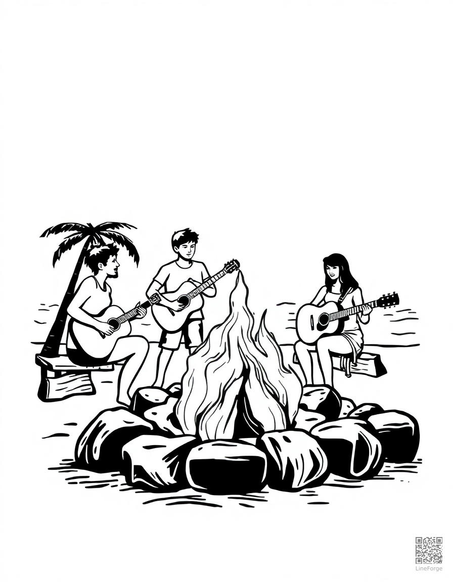 beach bonfire with friends and guitar coloring page Woodcut style - free printable