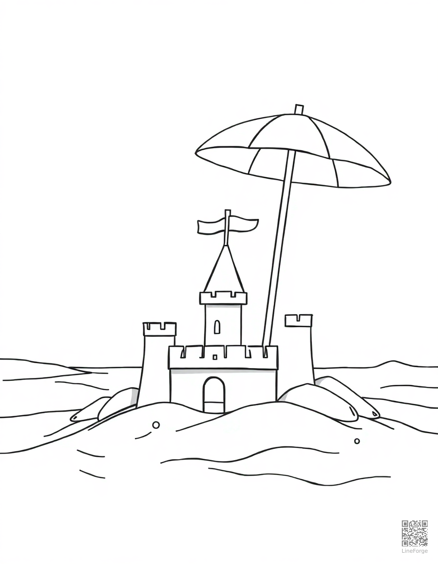beach scene with sandcastle and umbrella coloring page Contour style - free printable