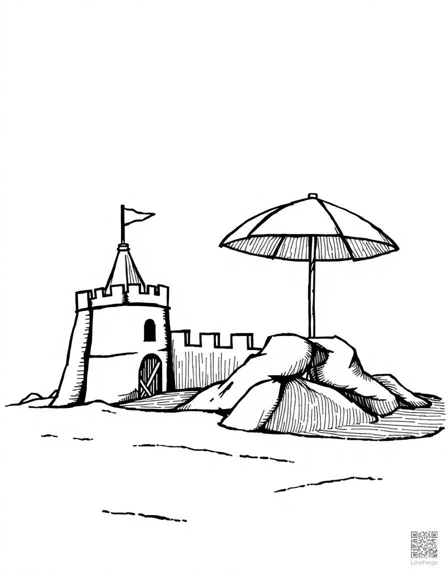 beach scene with sandcastle and umbrella coloring page Crosshatch style - free printable