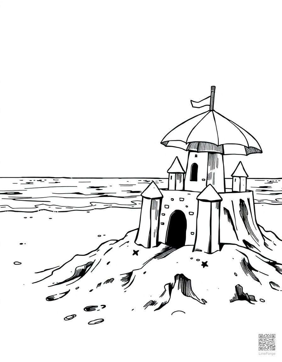 beach scene with sandcastle and umbrella coloring page Manga style - free printable