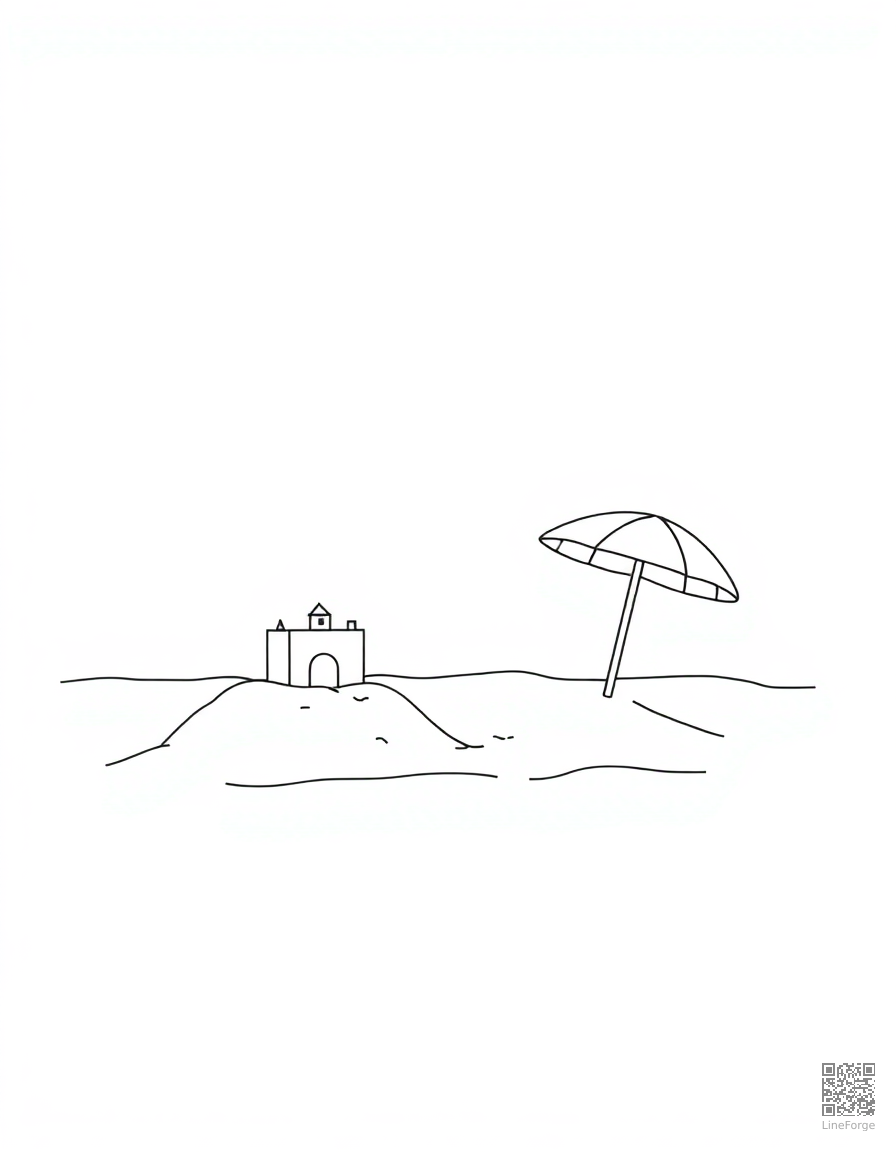 beach scene with sandcastle and umbrella coloring page Minimal style - free printable