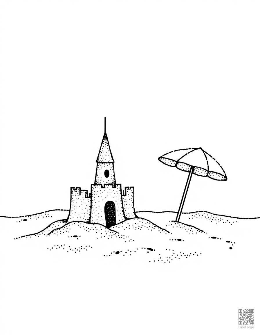 beach scene with sandcastle and umbrella coloring page Stipple style - free printable