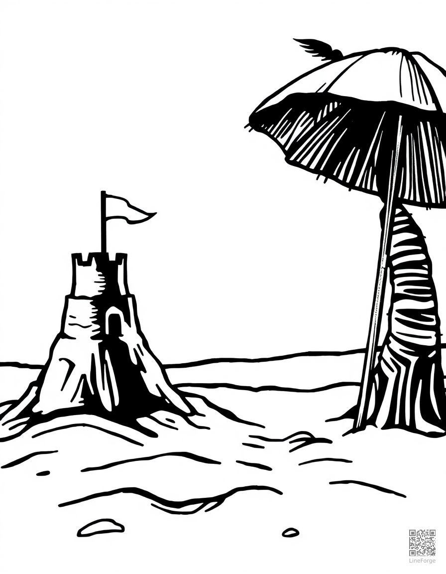 beach scene with sandcastle and umbrella coloring page Woodcut style - free printable